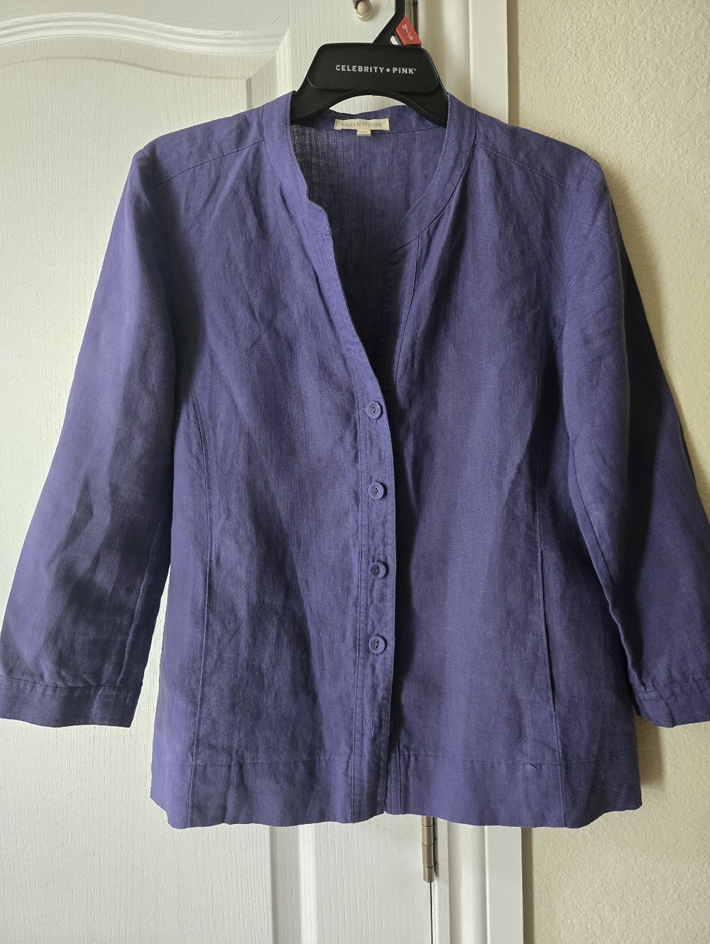 Purple Button-Front Linen Jacket Shirt Eileen Fisher Xs 3/4 Sleeves - Picture 10 of 10
